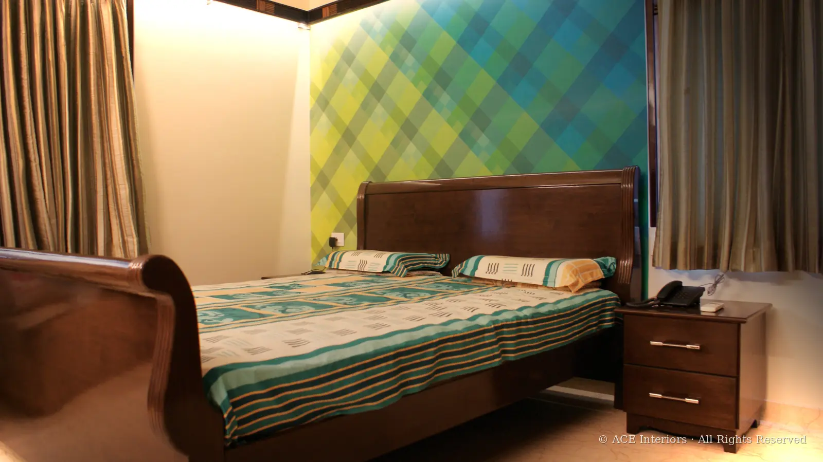 Checked Accent Bedroom — Colour-blocked bedroom, interior design by ACE Interiors, Chennai